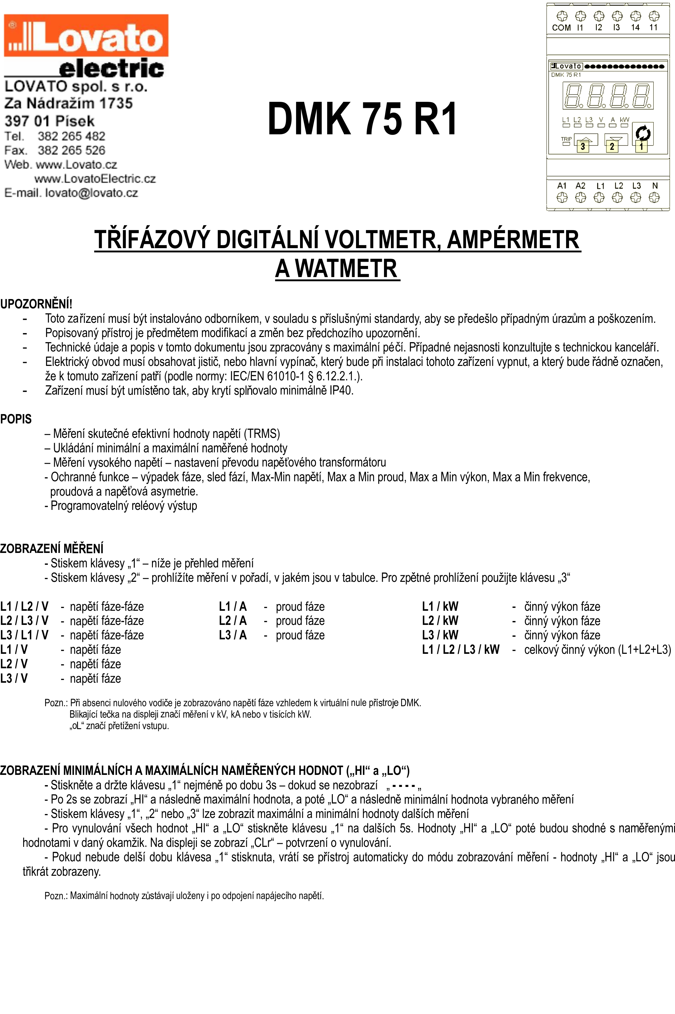 DMK75_R1_CZ_NAVOD_TŘÍFÁZOVÝ DIGITÁLNÍ VOLTMETR, AMPÉRMETR 1P